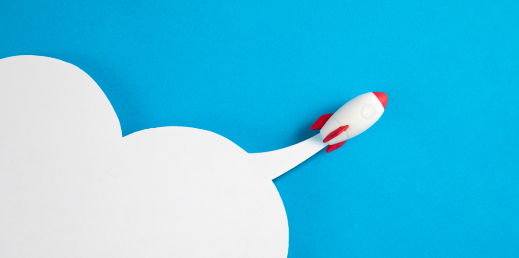 A toy rocket flying across a paper sky, symbolizing rapid association membership growth